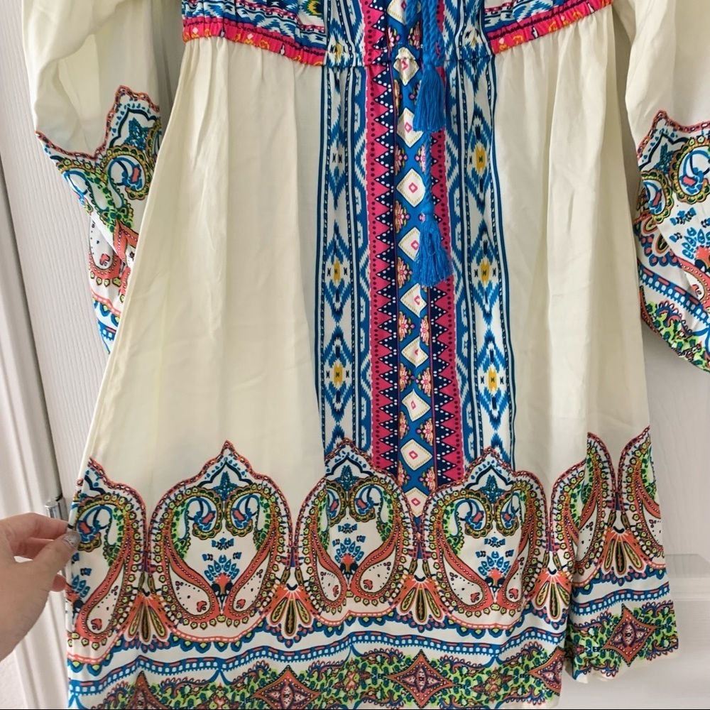πΌ Cream Off-White Tribal Bohemian Boho Paisley Print Peasant Dress - Picture 8 of 16